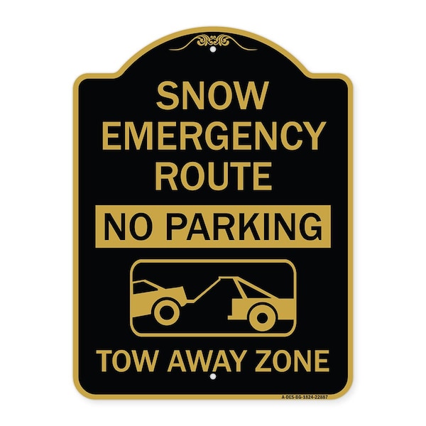 Signmission Snow Emergency Route Tow Away Zone W/ Graphic, Black & Gold Aluminum Sign, 18" x 24", BG-1824-22887 A-DES-BG-1824-22887 - main